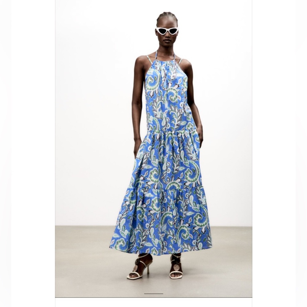 Zara Blue Paisley Halter Tiered Maxi Dress